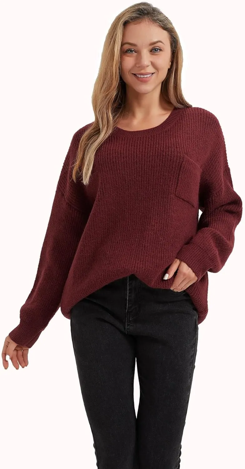 Women's Casual Unbalanced Crew Neck Knit Sweater Loose Pullover Cardigan
