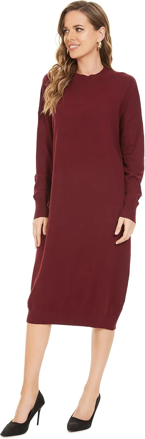Women's Crew Neck Long Sleeve Over Knee Length Pullover Loose Oversized Bodycon Sweater Dress