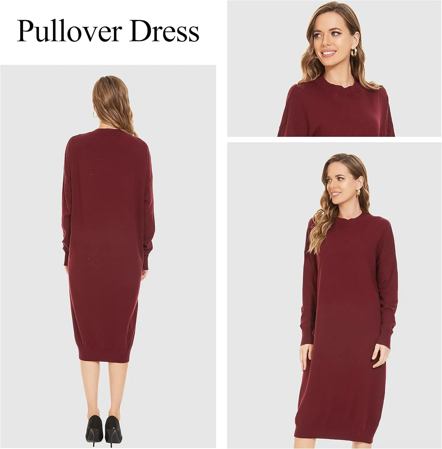 Women's Crew Neck Long Sleeve Over Knee Length Pullover Loose Oversized Bodycon Sweater Dress