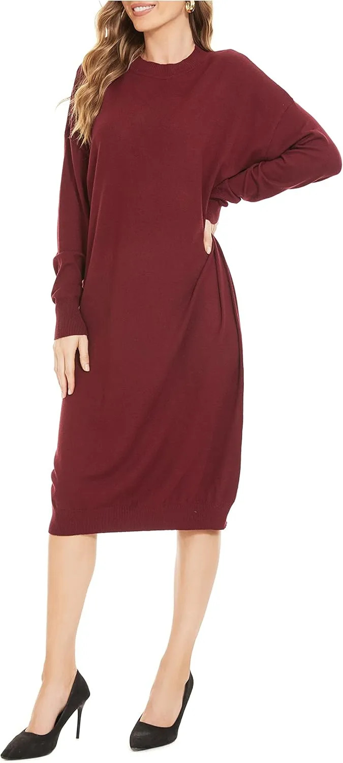 Women's Crew Neck Long Sleeve Over Knee Length Pullover Loose Oversized Bodycon Sweater Dress