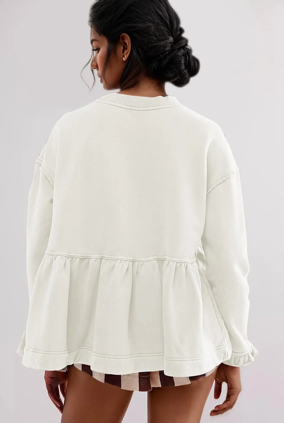 Womens Cute Ruffle Hem Babydoll Sweatshirt Long Sleeve Drop Shoulder Trendy Flowy Peplum Pullover Crop Tops