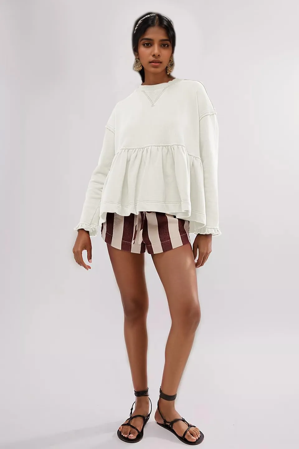 Womens Cute Ruffle Hem Babydoll Sweatshirt Long Sleeve Drop Shoulder Trendy Flowy Peplum Pullover Crop Tops