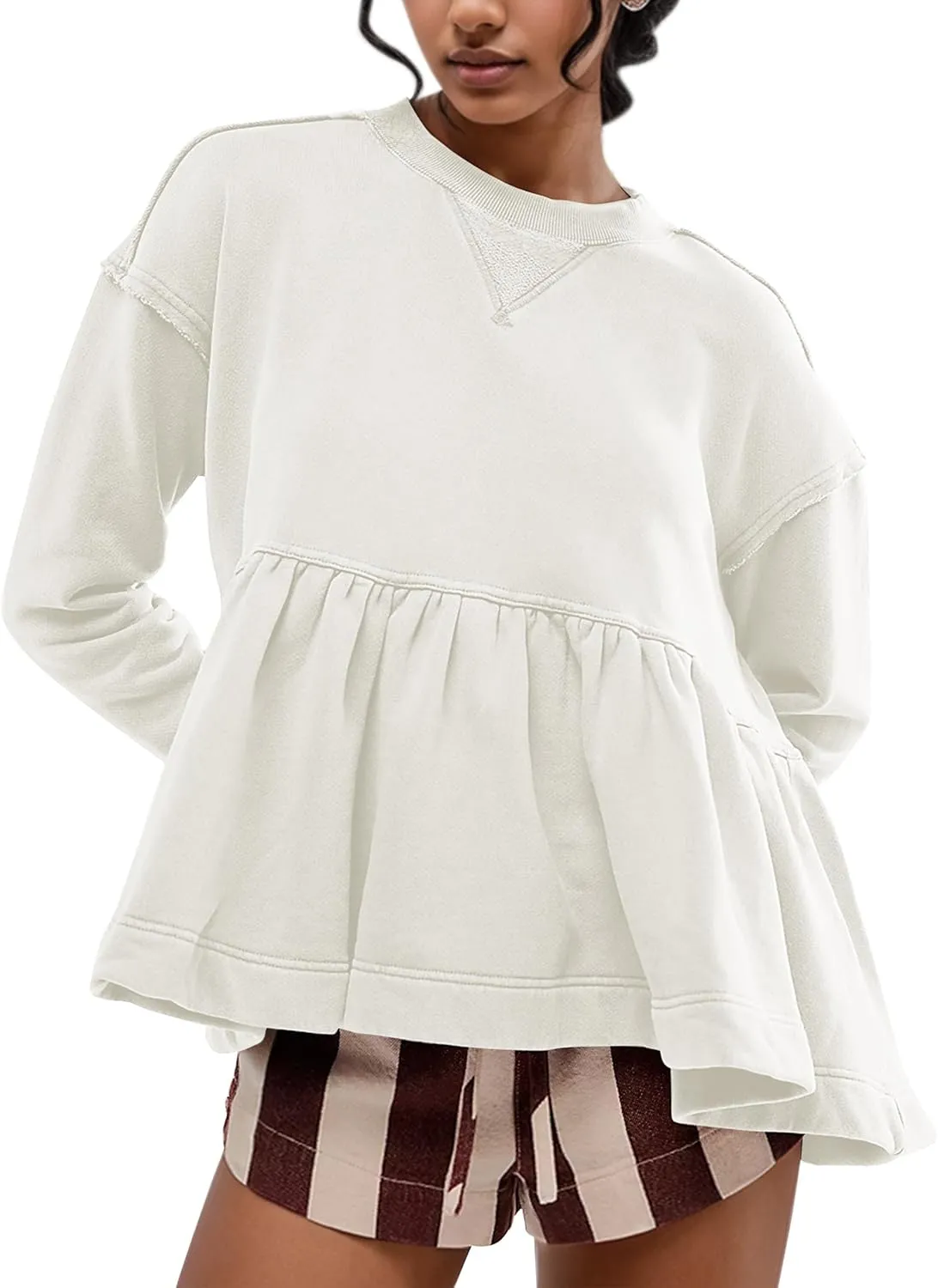 Womens Cute Ruffle Hem Babydoll Sweatshirt Long Sleeve Drop Shoulder Trendy Flowy Peplum Pullover Crop Tops