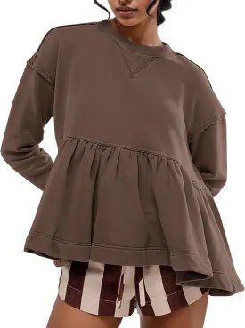 Womens Cute Ruffle Hem Babydoll Sweatshirt Long Sleeve Drop Shoulder Trendy Flowy Peplum Pullover Crop Tops