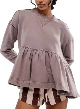Womens Cute Ruffle Hem Babydoll Sweatshirt Long Sleeve Drop Shoulder Trendy Flowy Peplum Pullover Crop Tops