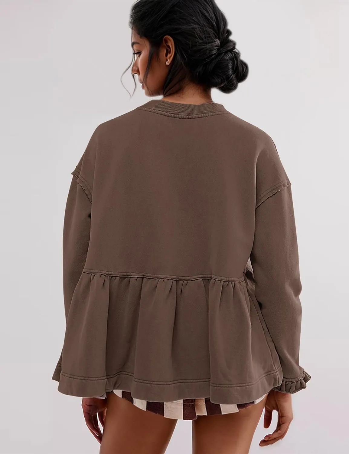 Womens Cute Ruffle Hem Babydoll Sweatshirt Long Sleeve Drop Shoulder Trendy Flowy Peplum Pullover Crop Tops