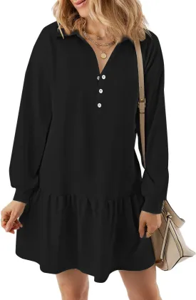Womens Oversized Sweatshirt Dress Spring Fall Trendy Long Sleeve Button Lapel Pullover Mini Dresses