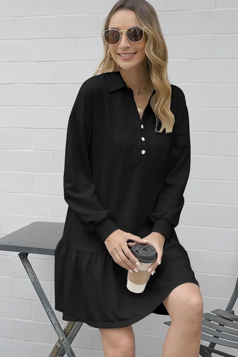 Womens Oversized Sweatshirt Dress Spring Fall Trendy Long Sleeve Button Lapel Pullover Mini Dresses