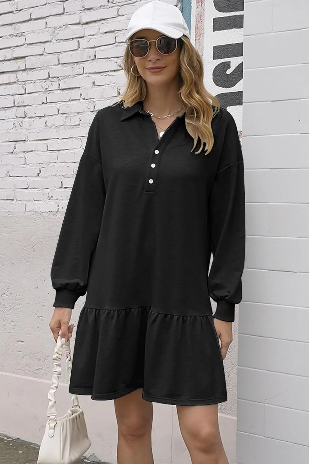 Womens Oversized Sweatshirt Dress Spring Fall Trendy Long Sleeve Button Lapel Pullover Mini Dresses