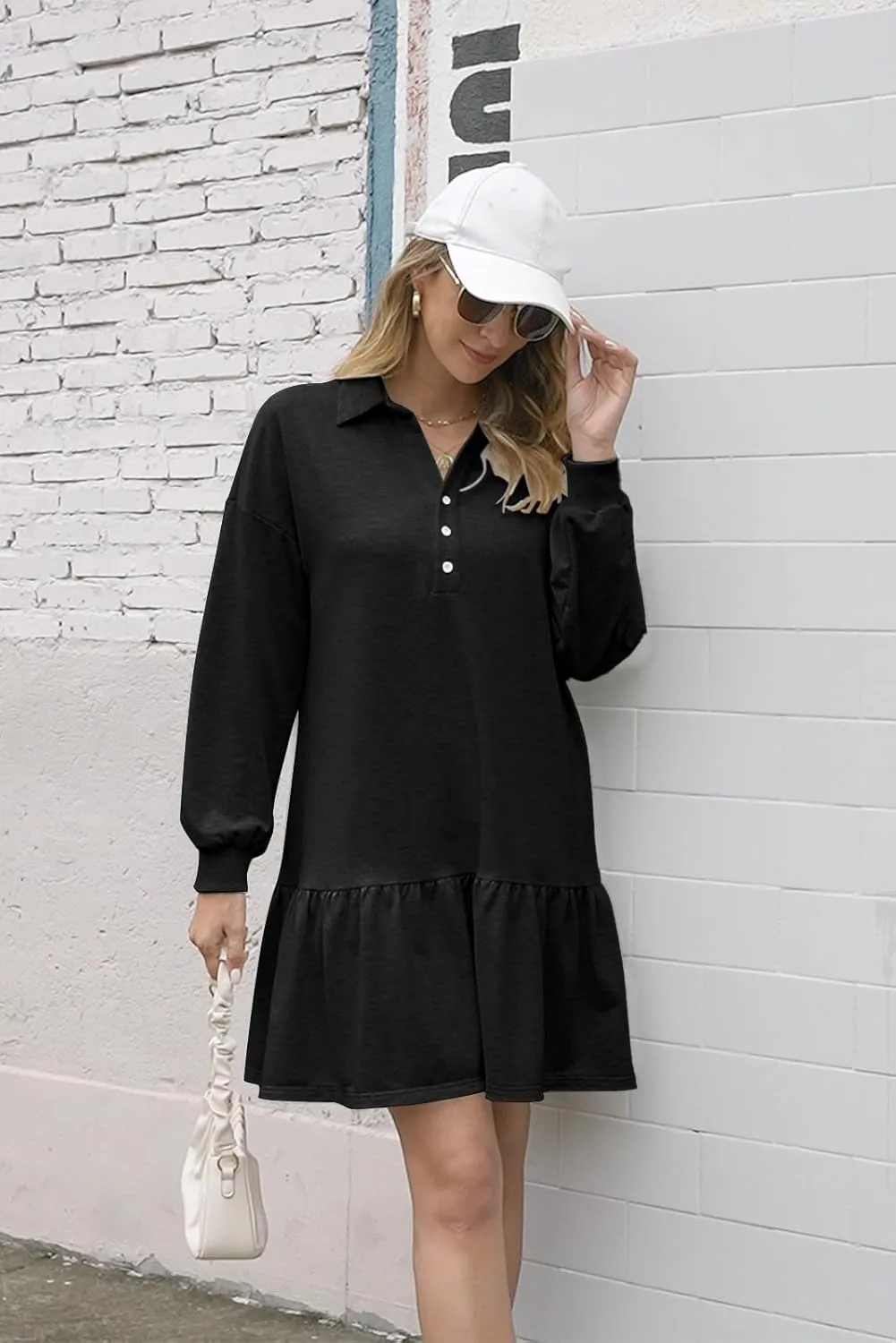 Womens Oversized Sweatshirt Dress Spring Fall Trendy Long Sleeve Button Lapel Pullover Mini Dresses