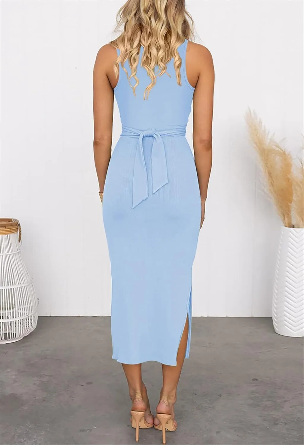 Women's Slit Tie Knot Cut Out Twist Side Split Hem Sleeveless Knit Bodycon Maxi Crew Neck Midi Dress