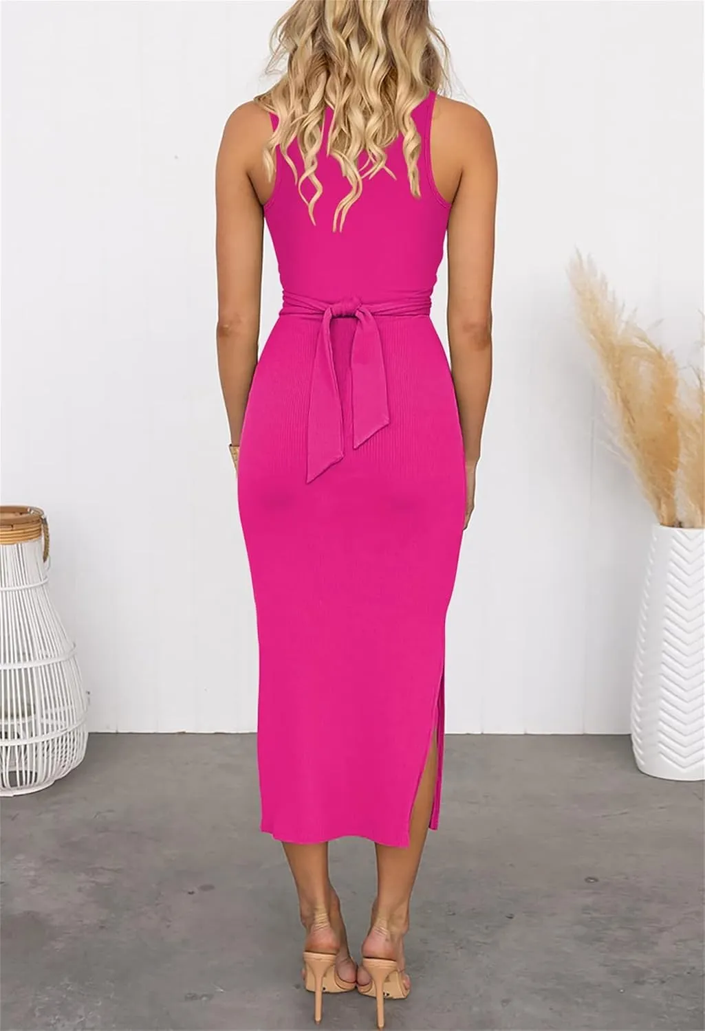 Women's Slit Tie Knot Cut Out Twist Side Split Hem Sleeveless Knit Bodycon Maxi Crew Neck Midi Dress