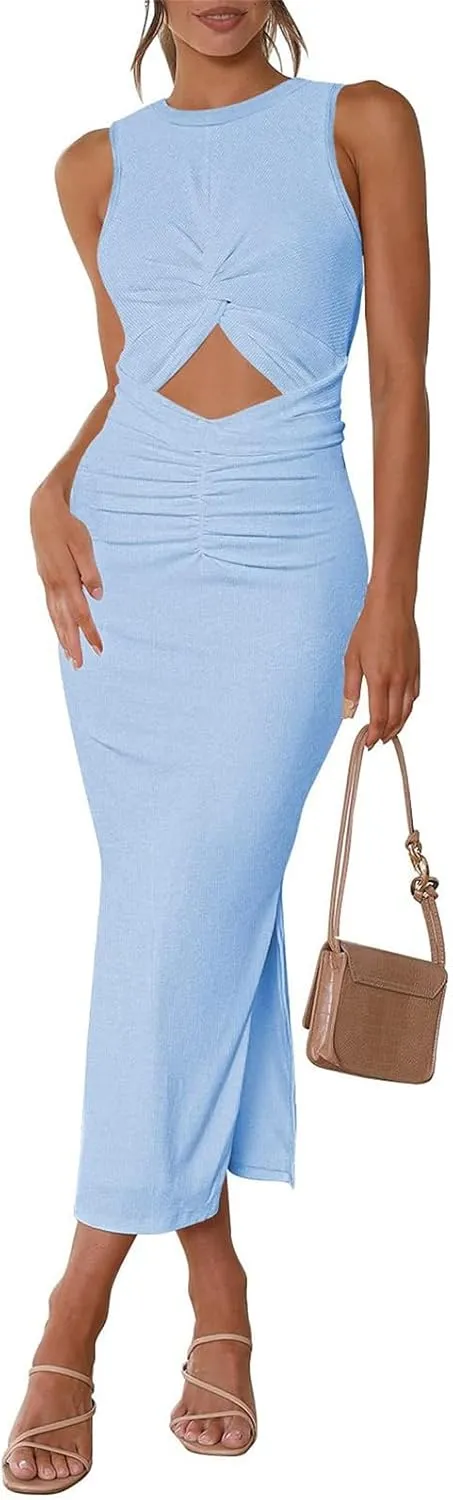Women's Slit Tie Knot Cut Out Twist Side Split Hem Sleeveless Knit Bodycon Maxi Crew Neck Midi Dress
