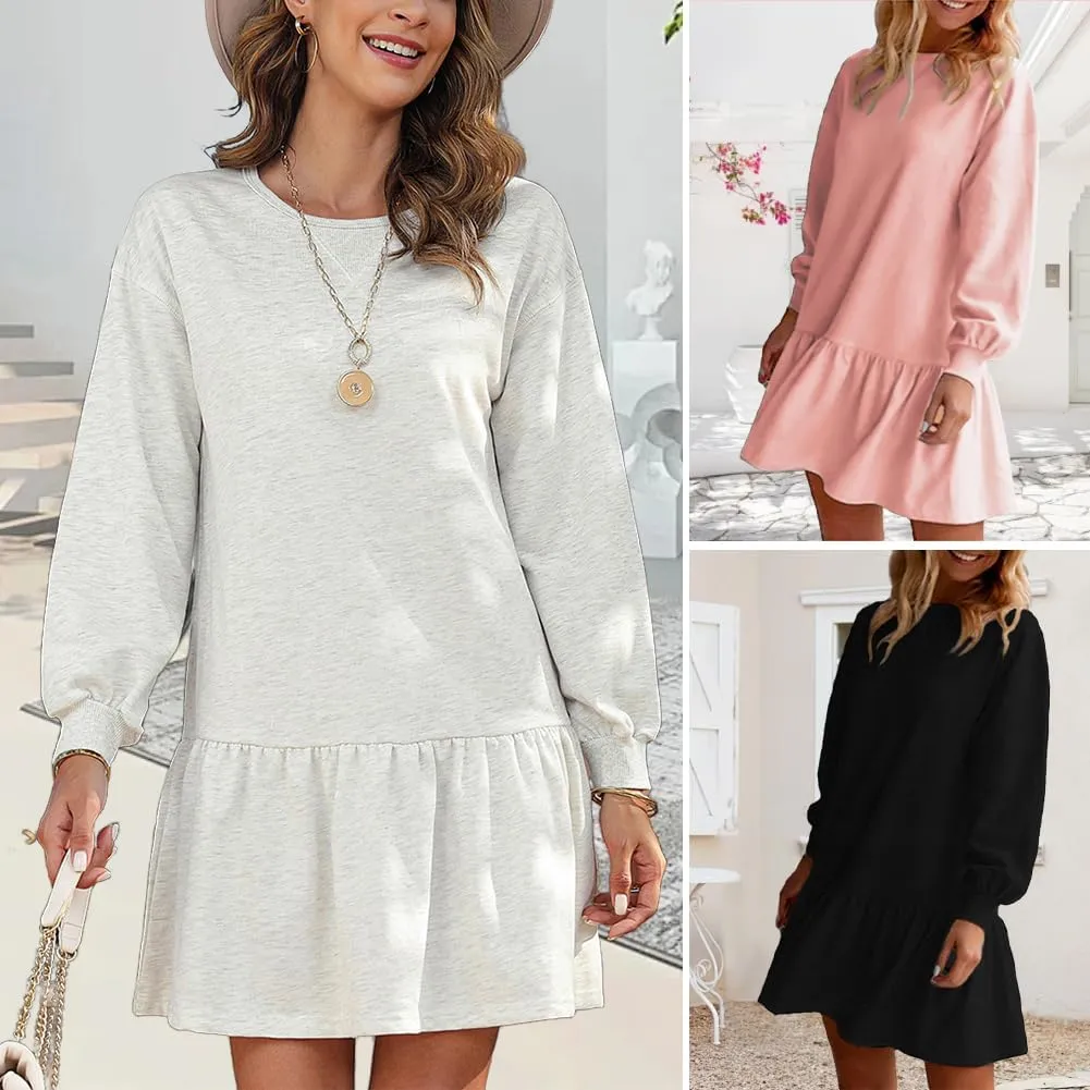 Women's Sweatshirt Dress Long Sleeve Crewneck Casual Above-The-Knee Ruffle Mini Sweatshirts Dresses