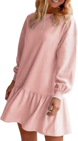 Women's Sweatshirt Dress Long Sleeve Crewneck Casual Above-The-Knee Ruffle Mini Sweatshirts Dresses