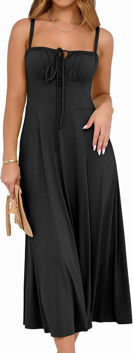 YATHON Women's Summer Midi Corset Boho Dresses Casual Floral Spaghetti Straps Lace Up Dress Flowy Aline Beach Sundress