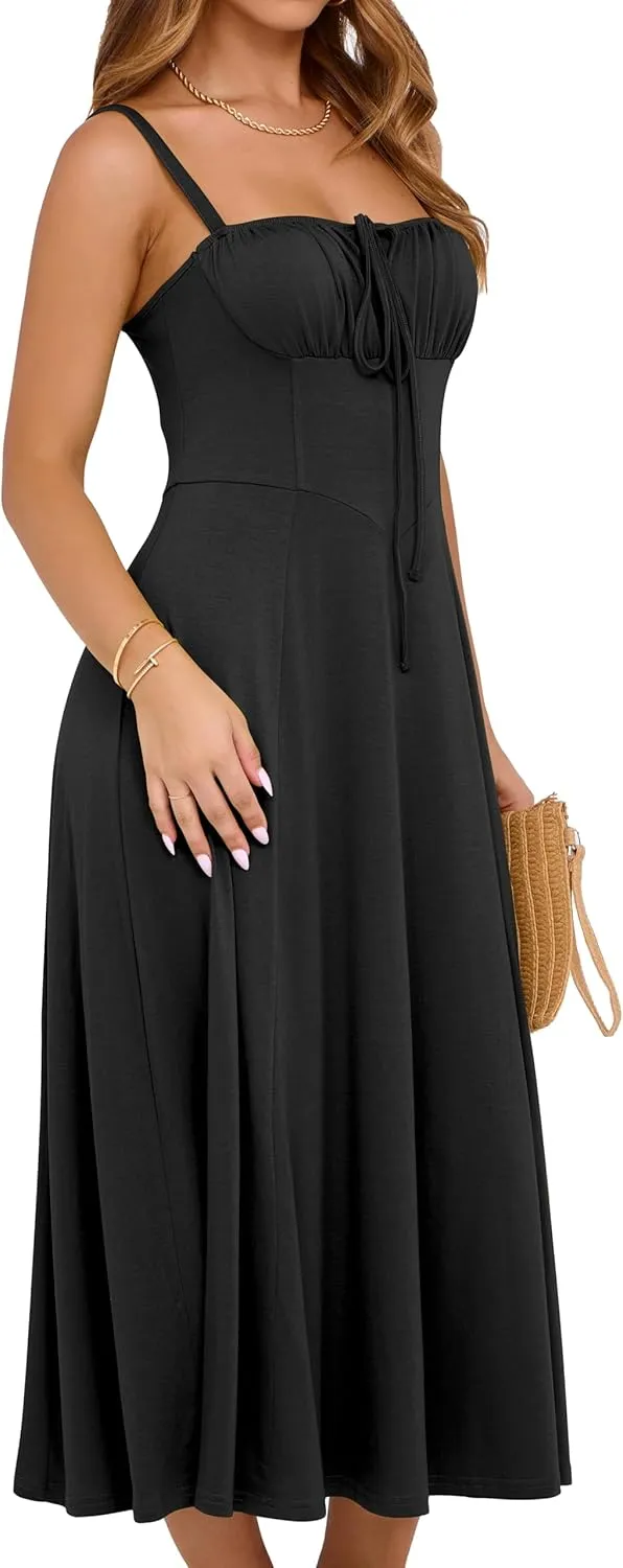 YATHON Women's Summer Midi Corset Boho Dresses Casual Floral Spaghetti Straps Lace Up Dress Flowy Aline Beach Sundress