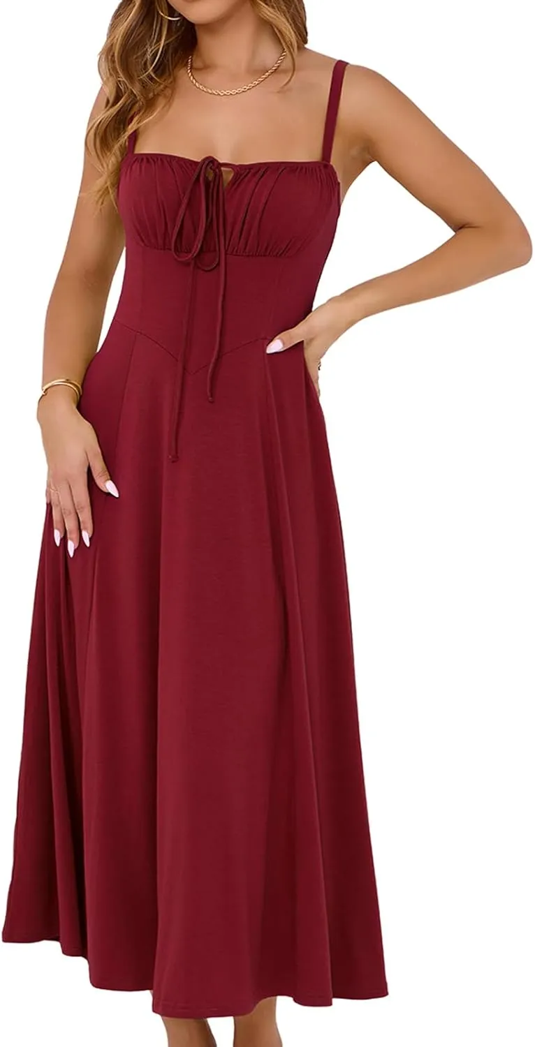 YATHON Women's Summer Midi Corset Boho Dresses Casual Floral Spaghetti Straps Lace Up Dress Flowy Aline Beach Sundress