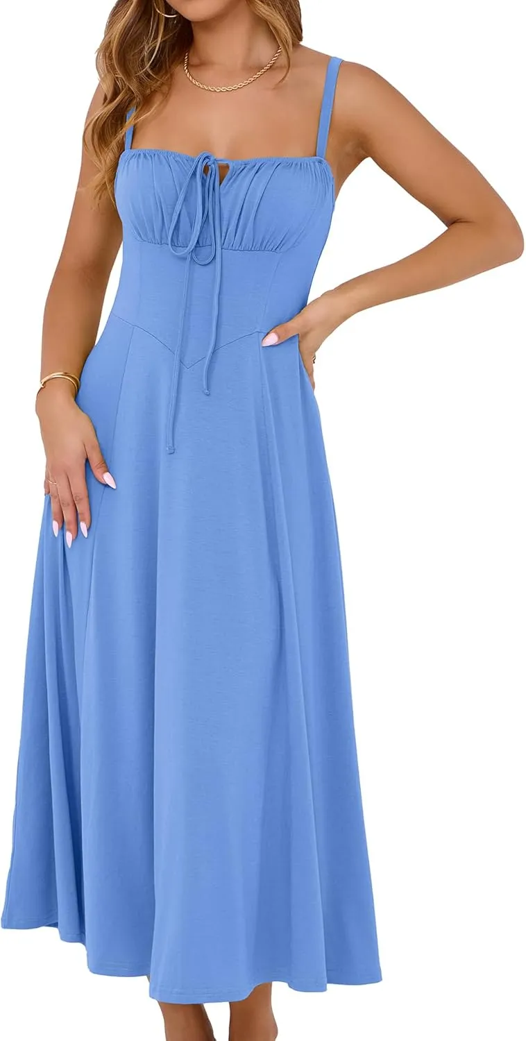 YATHON Women's Summer Midi Corset Boho Dresses Casual Floral Spaghetti Straps Lace Up Dress Flowy Aline Beach Sundress