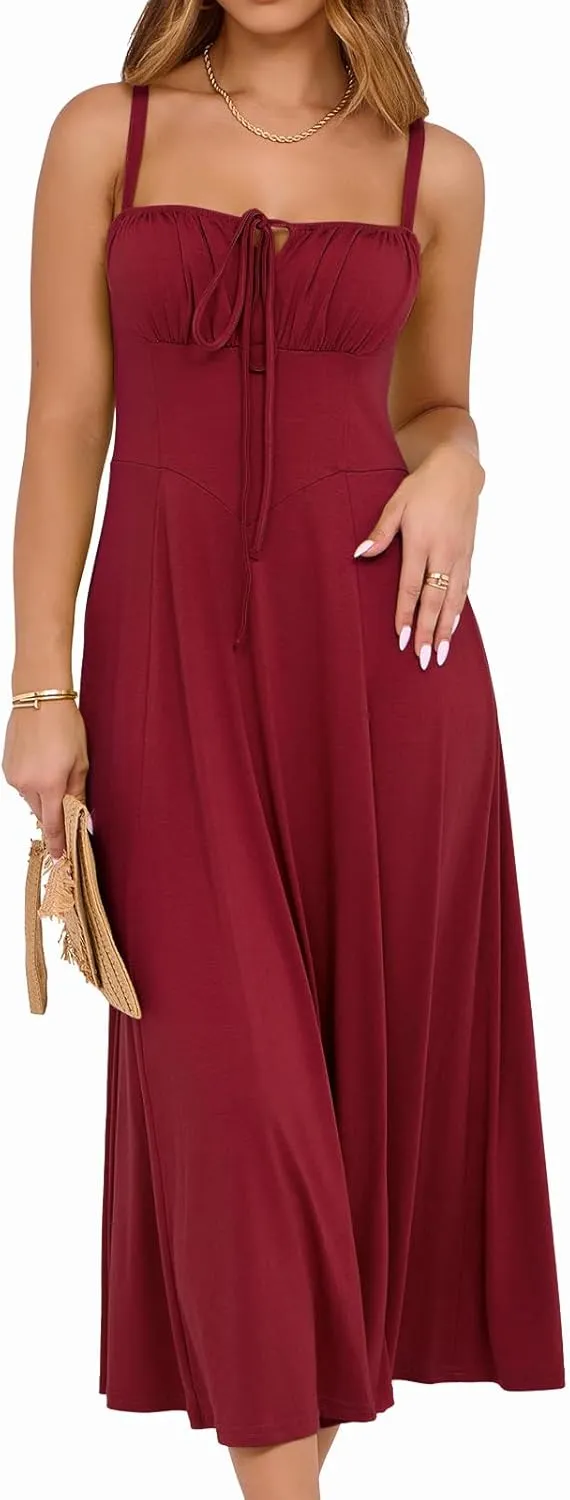 YATHON Women's Summer Midi Corset Boho Dresses Casual Floral Spaghetti Straps Lace Up Dress Flowy Aline Beach Sundress