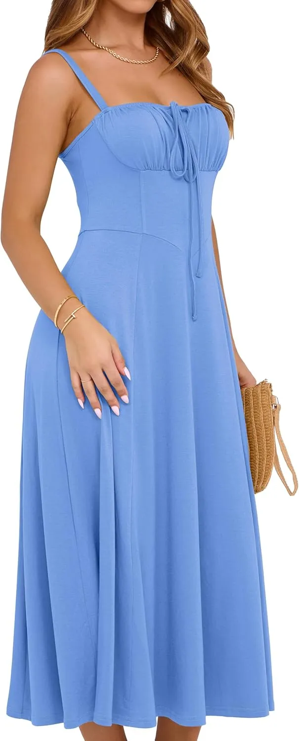 YATHON Women's Summer Midi Corset Boho Dresses Casual Floral Spaghetti Straps Lace Up Dress Flowy Aline Beach Sundress