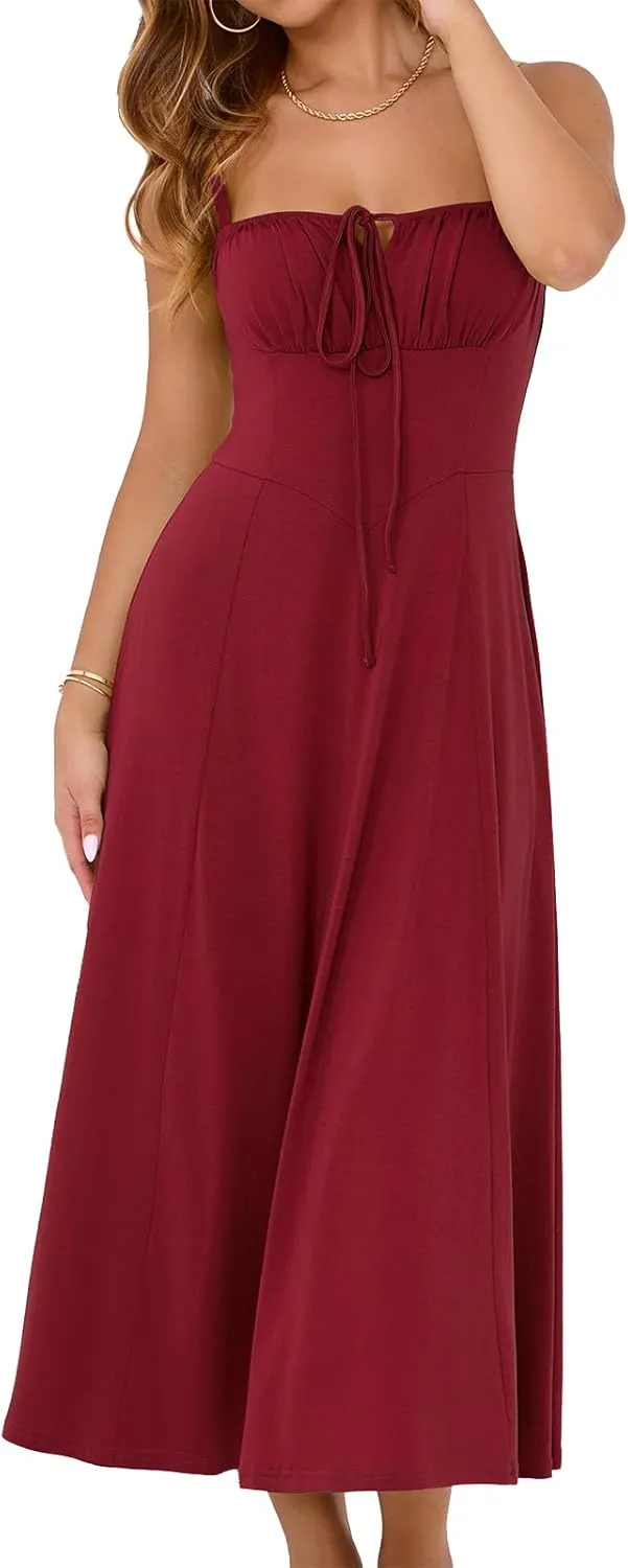 YATHON Women's Summer Midi Corset Boho Dresses Casual Floral Spaghetti Straps Lace Up Dress Flowy Aline Beach Sundress