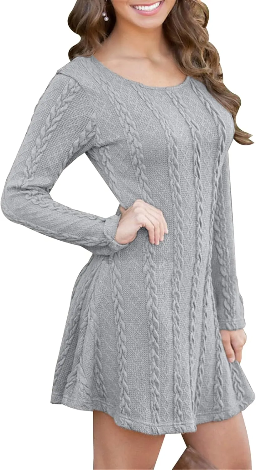 YMING Womens Cable Knit Crew Neck Sweater Dress Casual Solid Color Pullover Tops