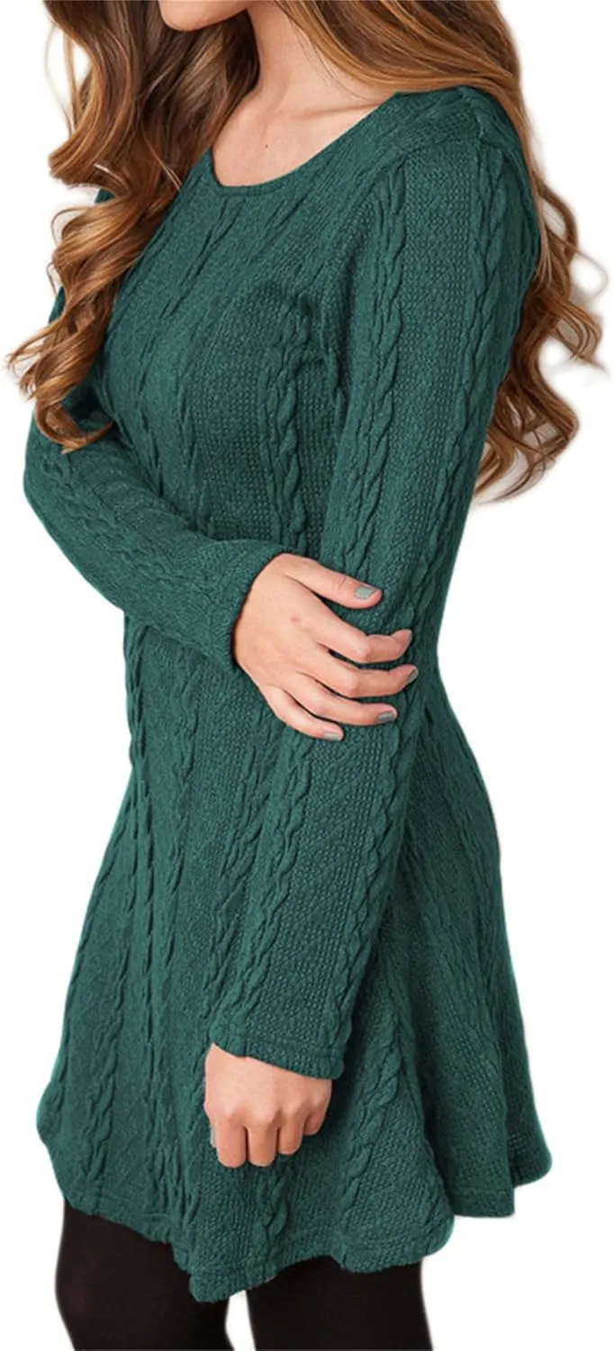 YMING Womens Cable Knit Crew Neck Sweater Dress Casual Solid Color Pullover Tops