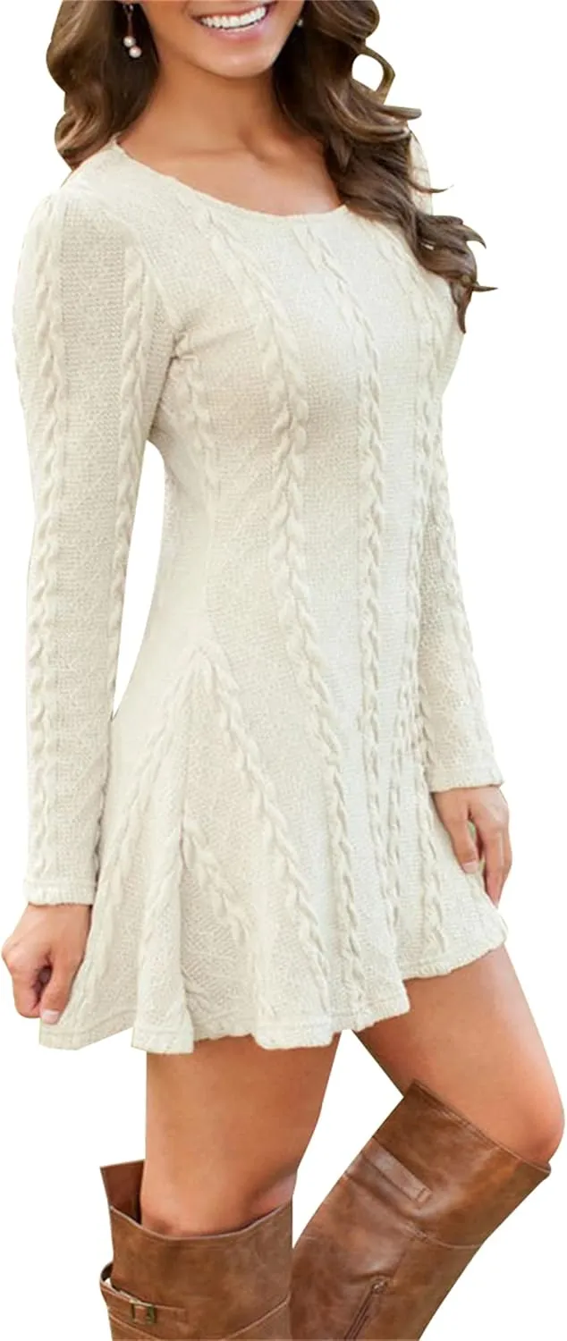 YMING Womens Cable Knit Crew Neck Sweater Dress Casual Solid Color Pullover Tops