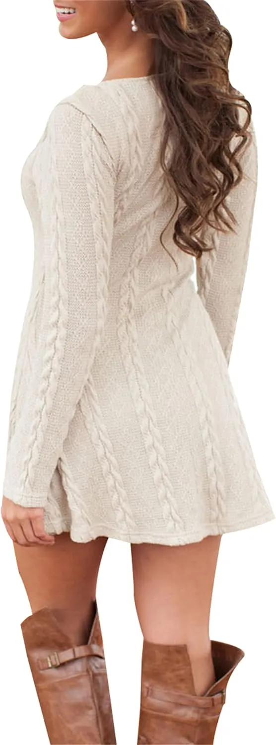 YMING Womens Cable Knit Crew Neck Sweater Dress Casual Solid Color Pullover Tops