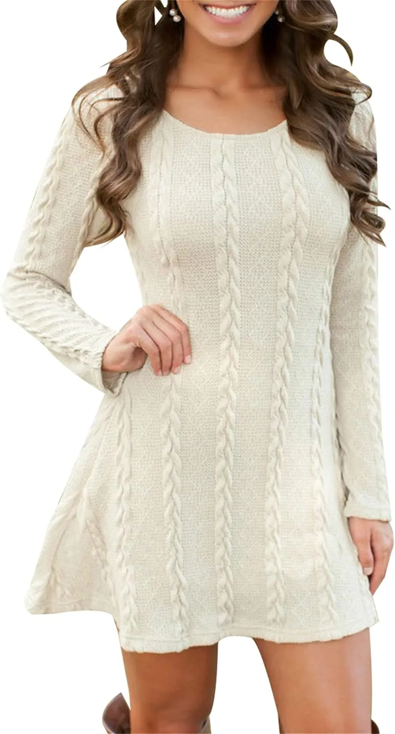 YMING Womens Cable Knit Crew Neck Sweater Dress Casual Solid Color Pullover Tops