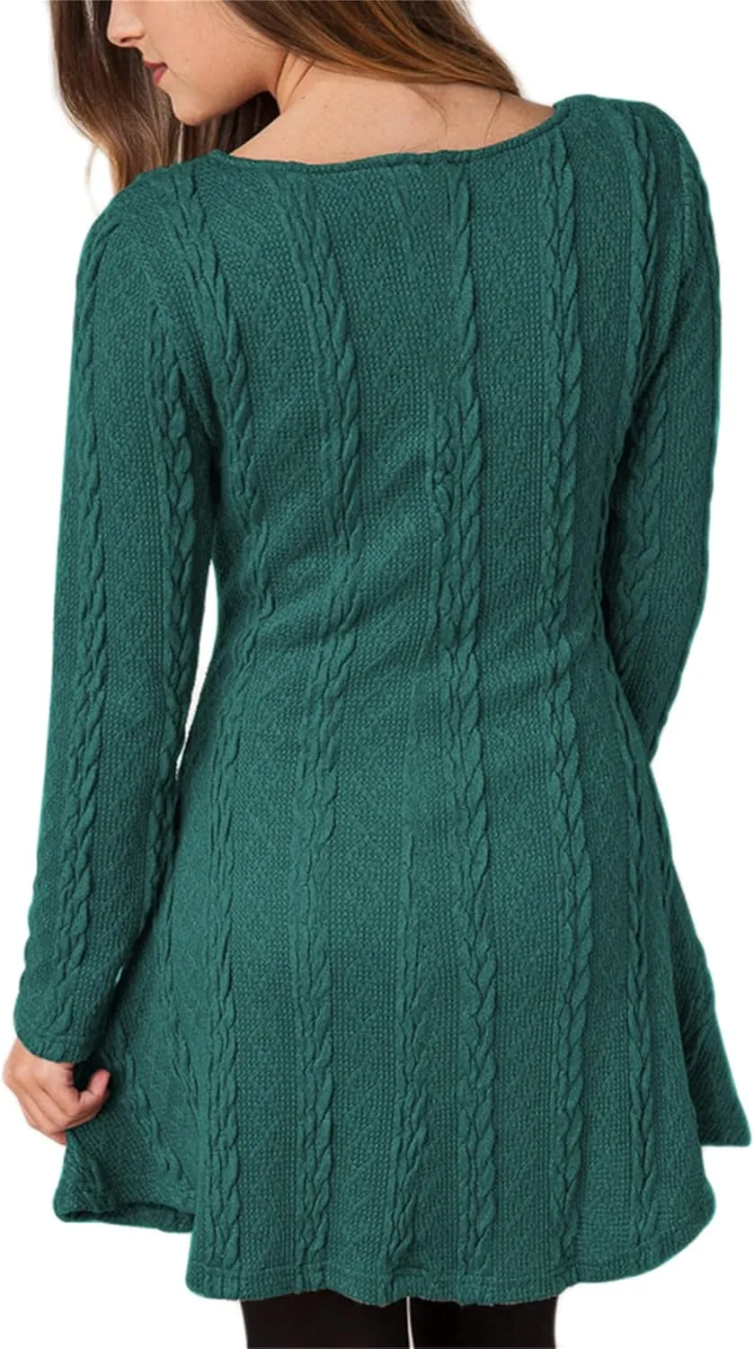YMING Womens Cable Knit Crew Neck Sweater Dress Casual Solid Color Pullover Tops