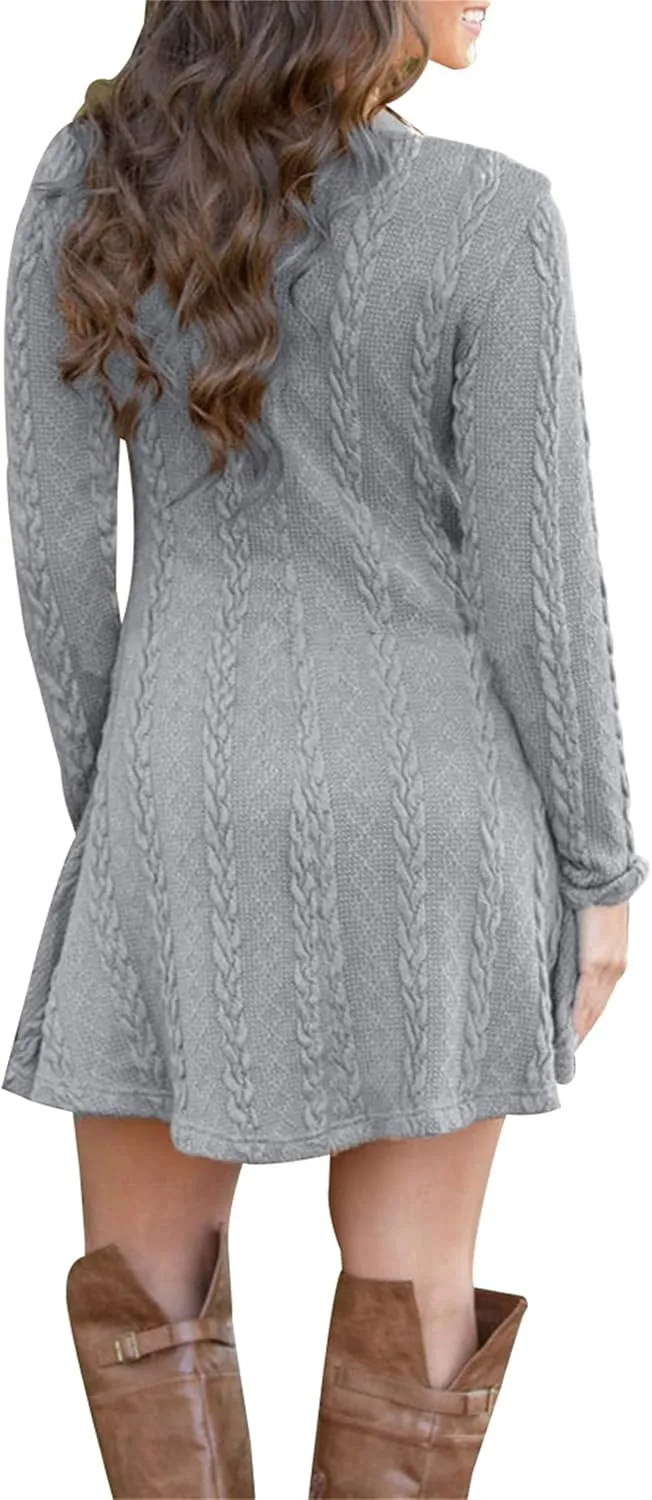 YMING Womens Cable Knit Crew Neck Sweater Dress Casual Solid Color Pullover Tops